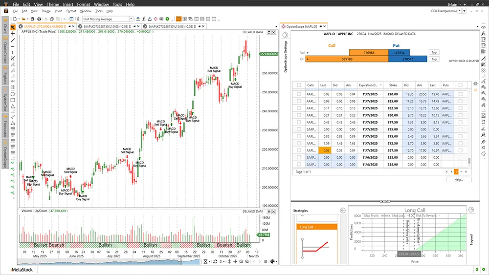 OptionScope in MetaStock 20: option chains, Greeks and a long call risk graph beside the chart